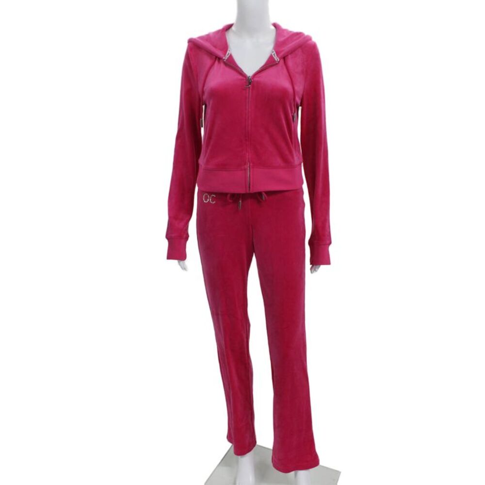 Juicy Couture Womens Velour Jeweled Hooded Sweat Suit Pink Size Small